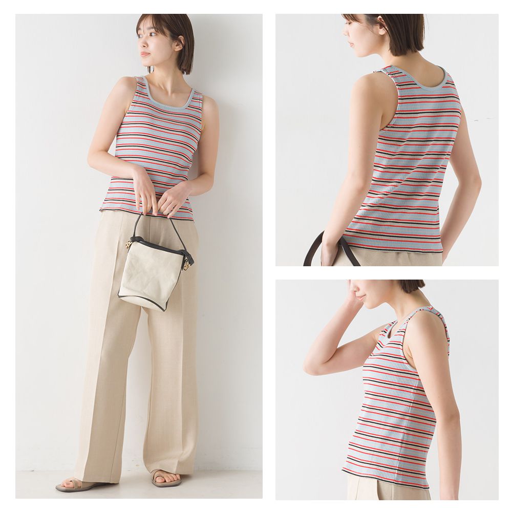 日本 OMNES - 圓領條紋無袖上衣-卡其x橘