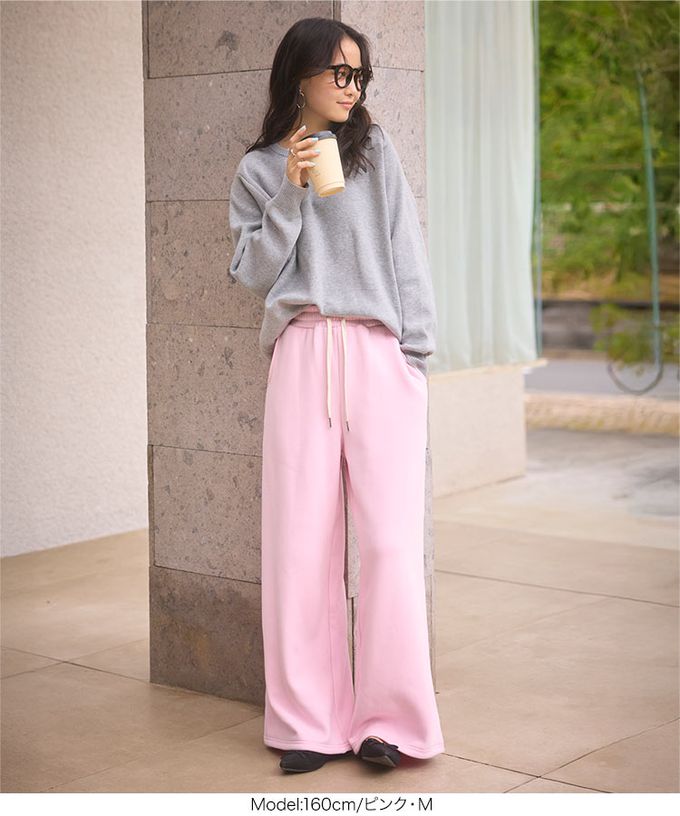 日本 Kobe Lettuce - 極上溫暖 裏起毛運動風寬版長褲-黑