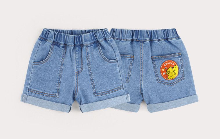 韓國 HEJMINI - 縫線大口袋3分牛仔短褲-藍