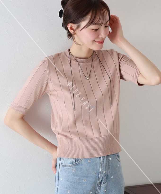 日本 BLUE EAST - 羅紋彈性薄針織五分袖上衣-嫩粉紅