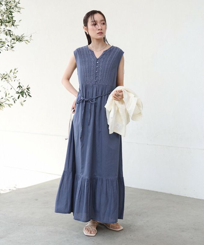 日本 Bab - 100%印度棉刺繡腰綁帶無袖洋裝-象牙