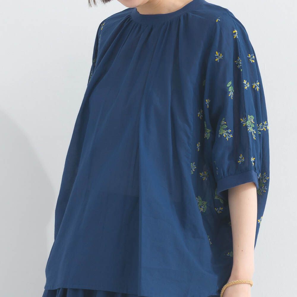 100%印度棉 優美植物刺繡大寬袖上衣-海軍藍