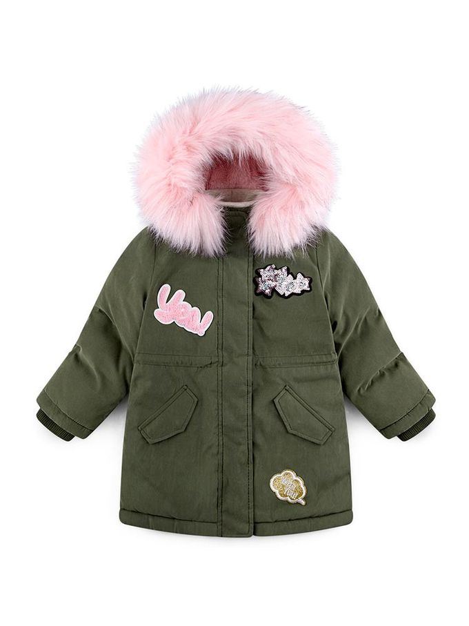 韓國 Jelispoon - 保暖刺繡點綴抽繩長版連帽外套-軍綠