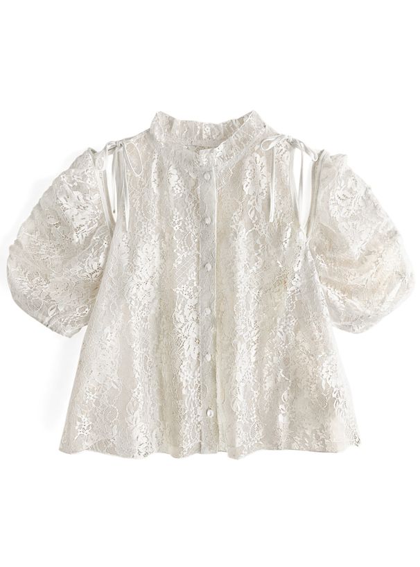 日本 GRL - 花朵蕾絲領綁帶短袖上衣-黑 (F)