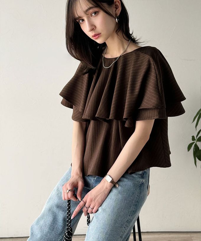 日本 Classical Elf - 前後2way優雅荷葉大翻領上衣-細條紋-咖啡