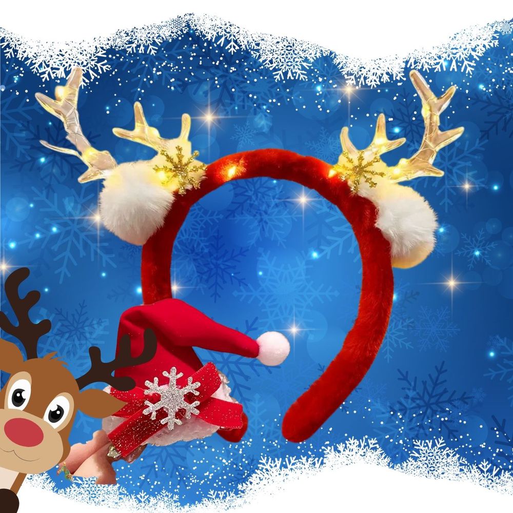 聖誕發光麋鹿角髮箍＋雪花小聖誕帽髮夾-2件一組