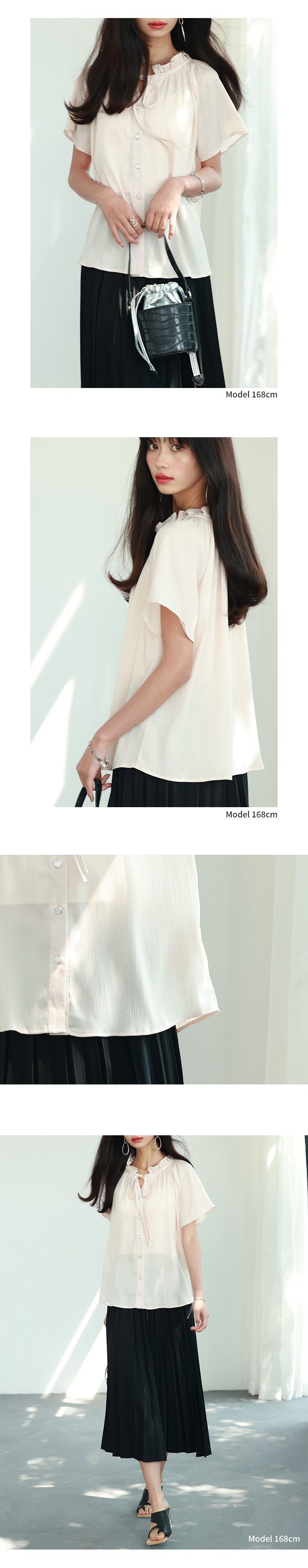日本女裝代購 - 甜美綁帶木耳領短袖襯衫-白