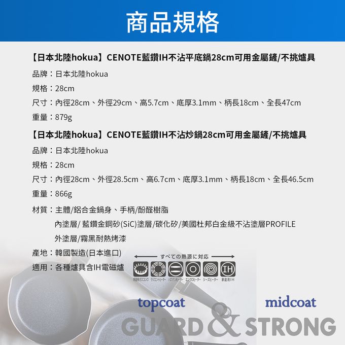日本北陸 hokua - CENOTE藍鑽IH不沾雙鍋組-平底鍋28cm+炒鍋28cm+鍋蓋+鍋鏟