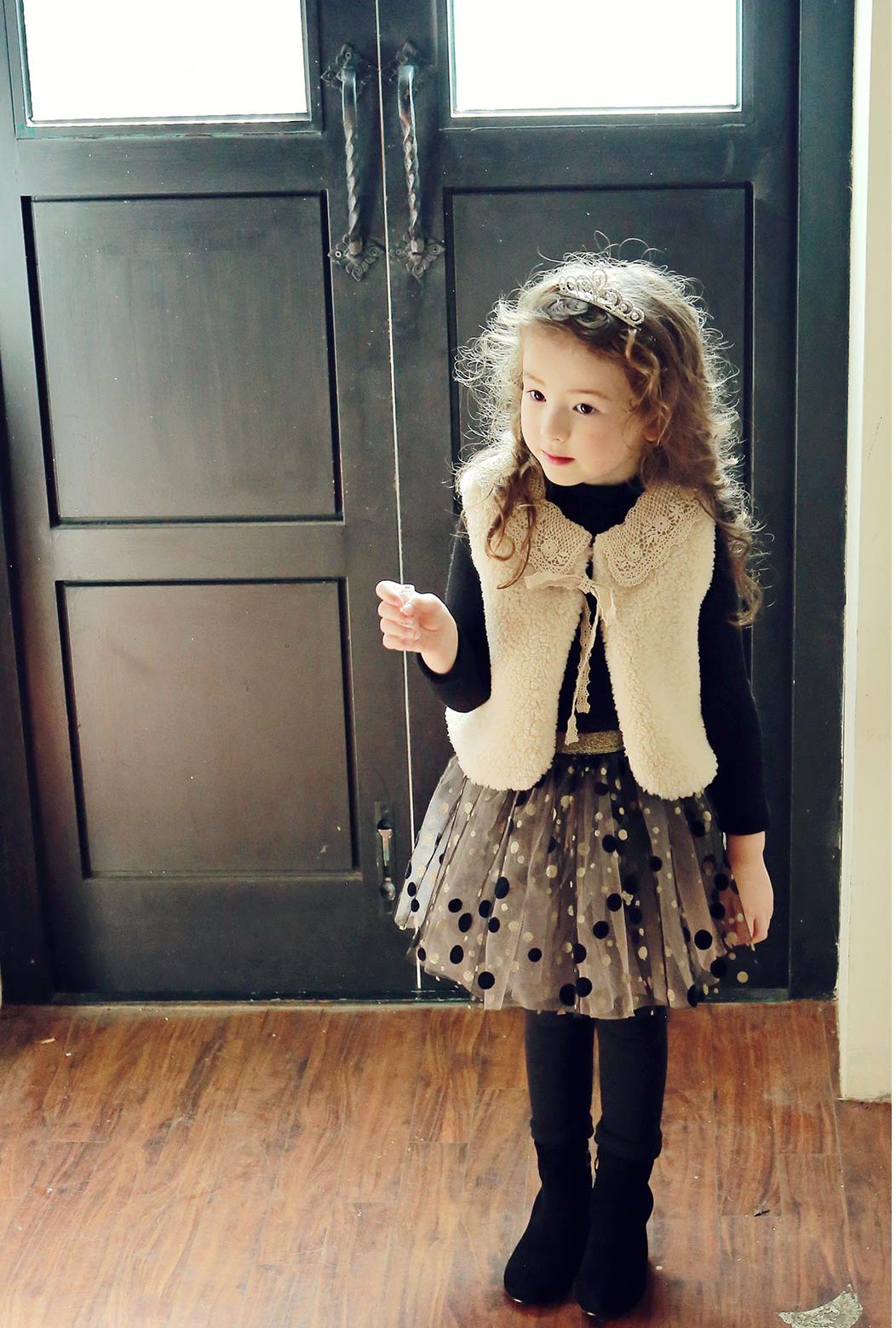 韓國 PuellaFLO - 大小波點網紗褲裙-黑