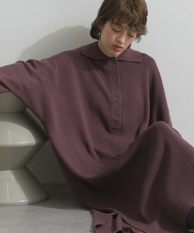 日本 Lupilien - 氣質排扣polo衫針織長袖洋裝-海軍藍