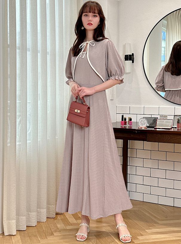 日本 GRL - 雲朵泡泡布前綁帶兩件式洋裝-經典黑 (F)