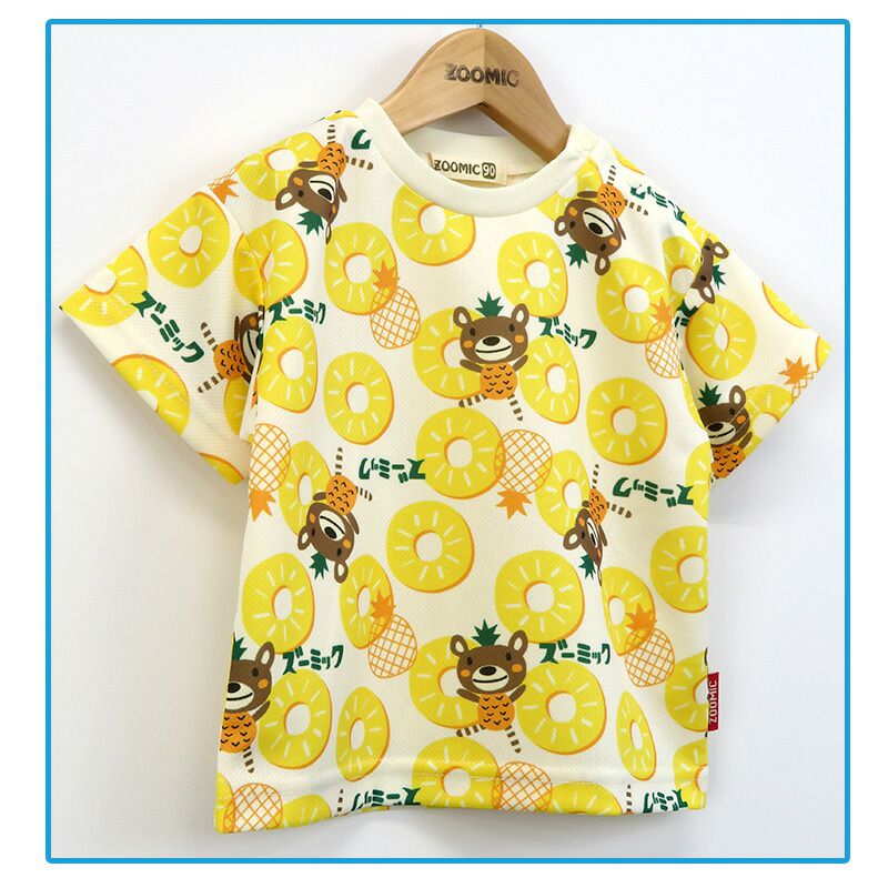 日本 ZOOLAND - 滿版鳳梨熊熊印花短袖上衣-米黃