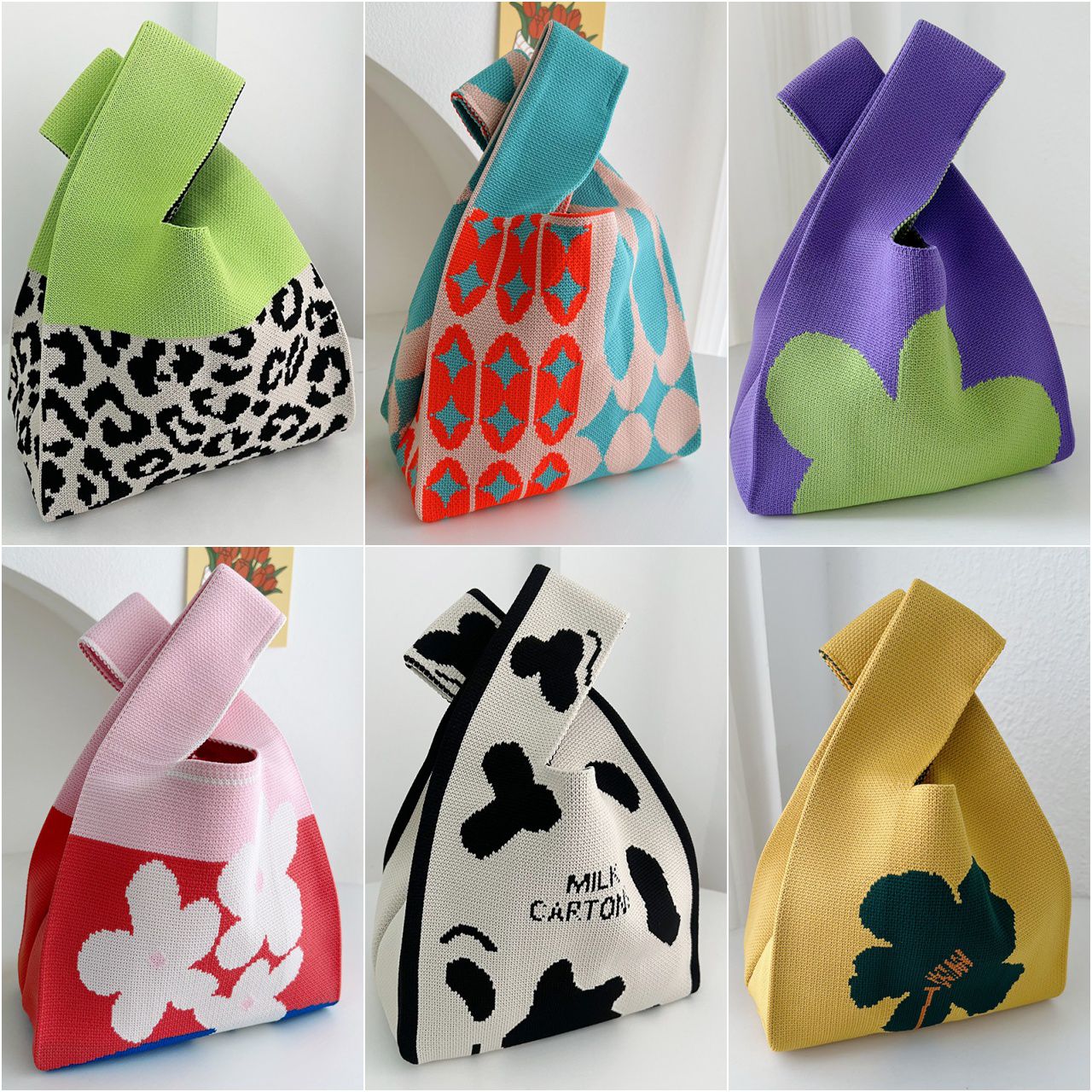 輕便休閒針織手拿包/手提包-黑白條紋-黑+白 (20x35cm)