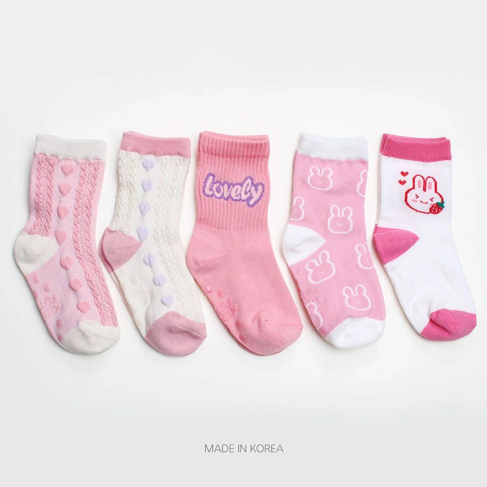 (五入組)韓製兒童中筒襪-兔子愛心-粉X米白