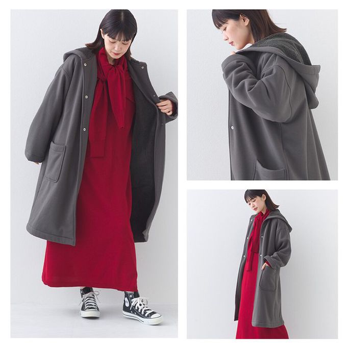 日本 OMNES - 溫暖內抓絨休閒長版連帽外套-咖啡棕