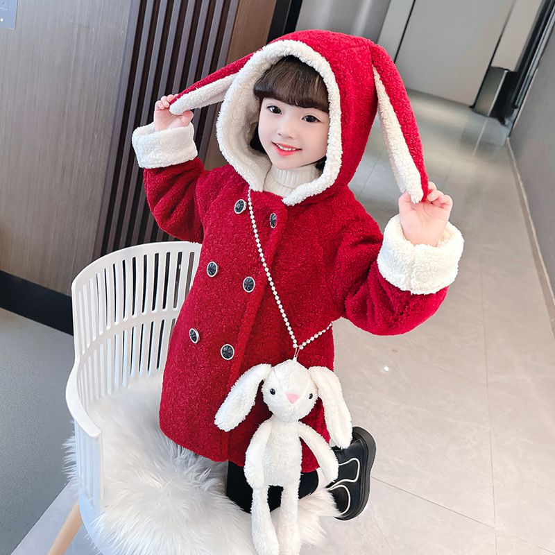 加厚毛絨造型長版外套-兔子耳朵-紅色-(送兔子配飾)
