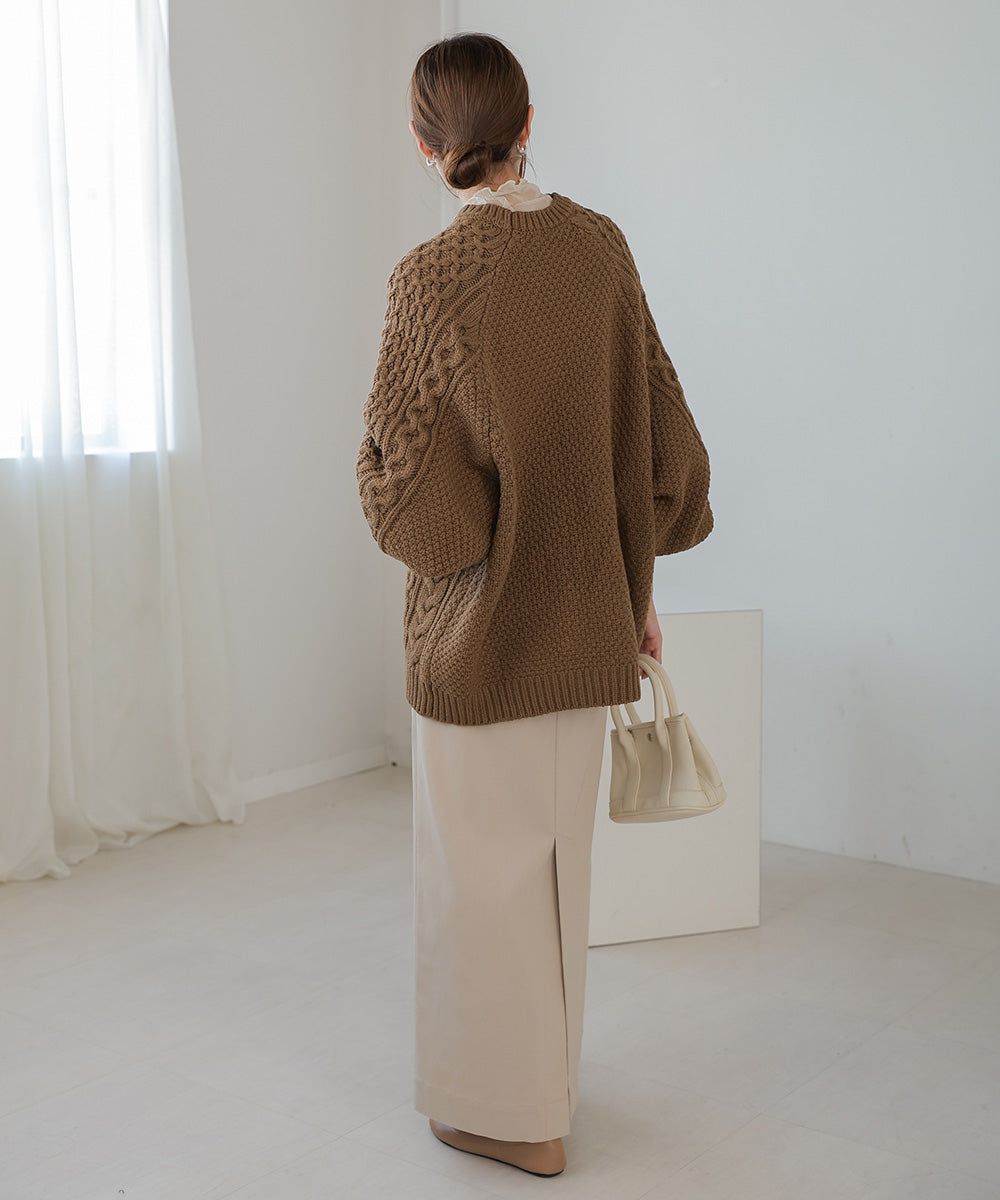 日本 Bab - 麻花編織大寬袖針織上衣-炭灰