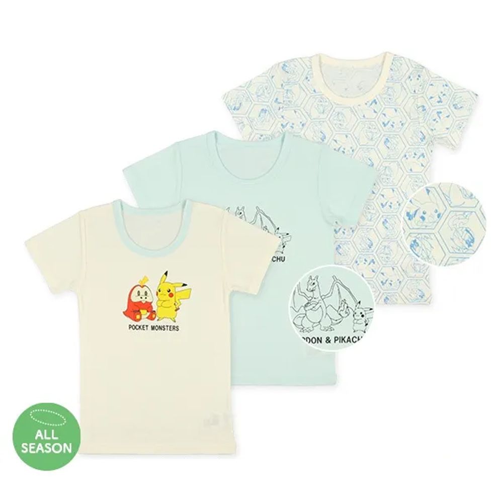 四季款 舒適內搭短袖上衣(3件組)-卡通人物寶可夢-白x水藍
