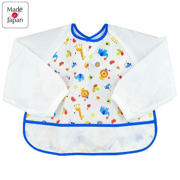 akachan honpo - 抗油汙、快乾長袖圍兜-動物-藍色 (80～95)