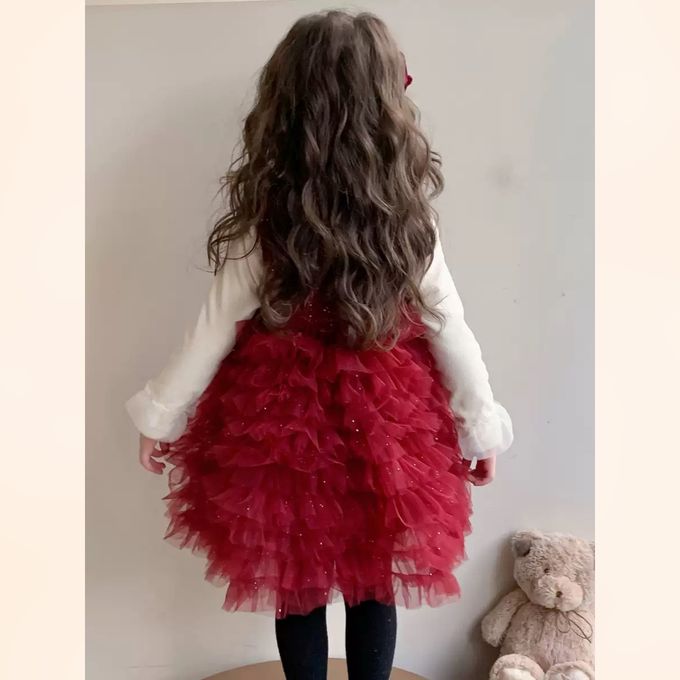 新年拜年法式甜美珍珠鑽飾領口蛋糕網紗洋裝