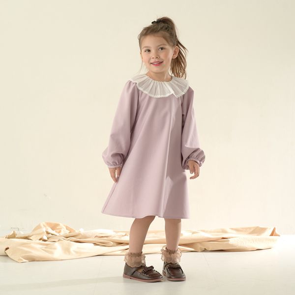 日本 Lycee mine - 薄紗領光澤面料長袖洋裝-粉紅