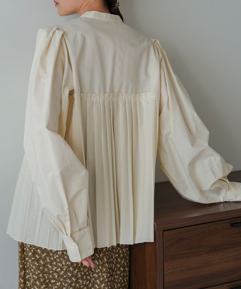 日本 Bab - 歐風百褶拼接泡泡袖襯衫-灰棕