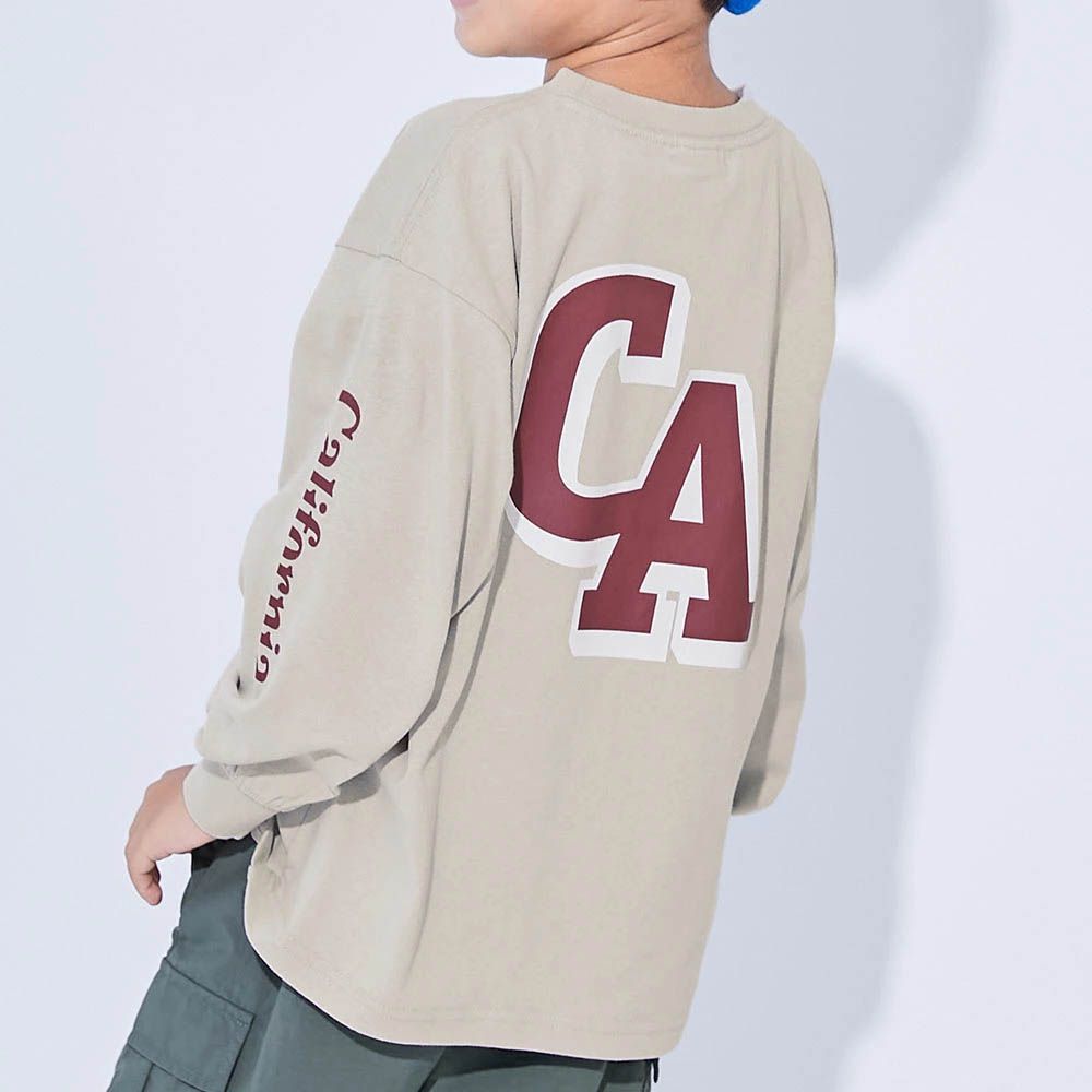 100%棉 定番印花寬版長袖上衣-CA-灰杏