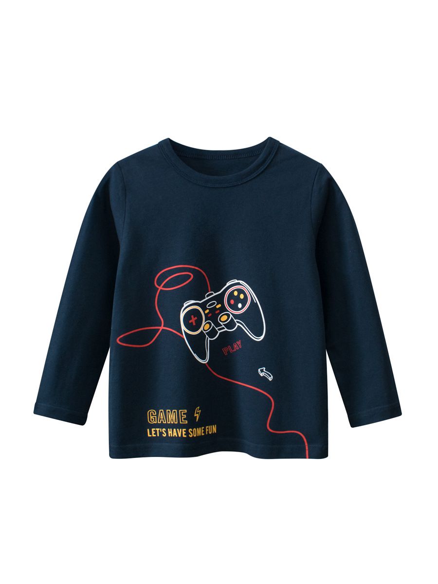 純棉圓領薄長袖上衣-遊戲手把-深藍色