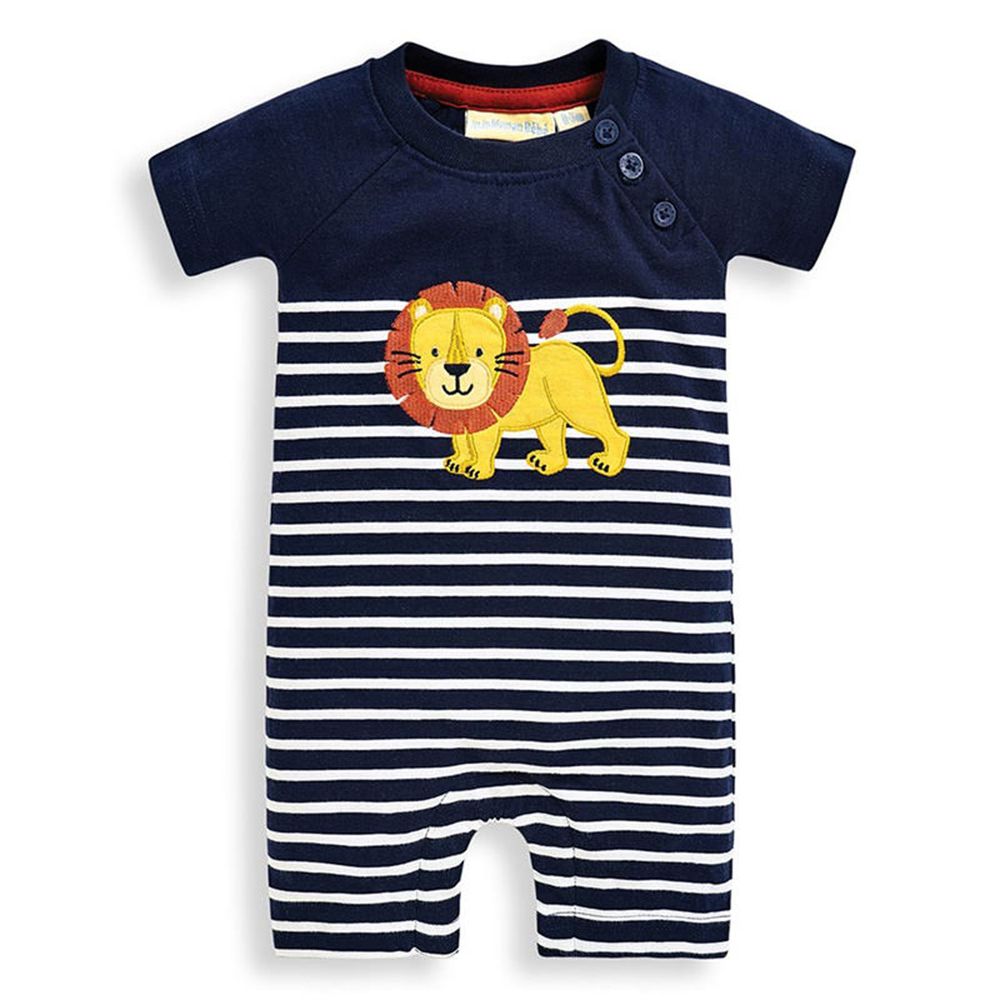 英國 JoJo Maman BeBe - 超優質嬰幼兒100％純棉短袖連身裝-條紋獅子