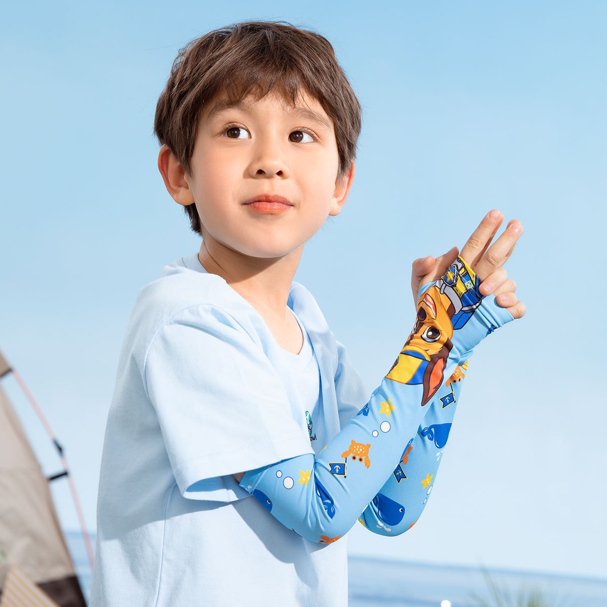 卡通汪汪隊冰絲兒童防曬袖套-卡通人物阿奇+鯨魚-藍色 (9x31.5x7.5cm)