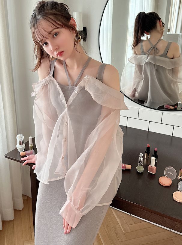 日本 GRL - 浪漫透膚吊帶針織兩件式洋裝-淺灰棕