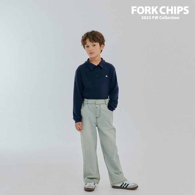 韓國 FORK CHIPS - 金屬裝飾直坑條翻領長袖上衣-深藍