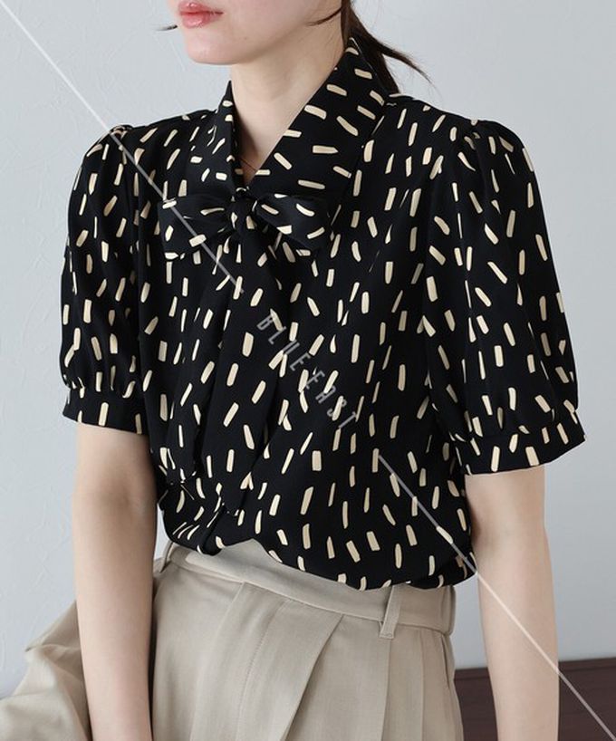 日本 BLUE EAST - 氣質蝴蝶結雪紡小澎袖襯衫-深藍