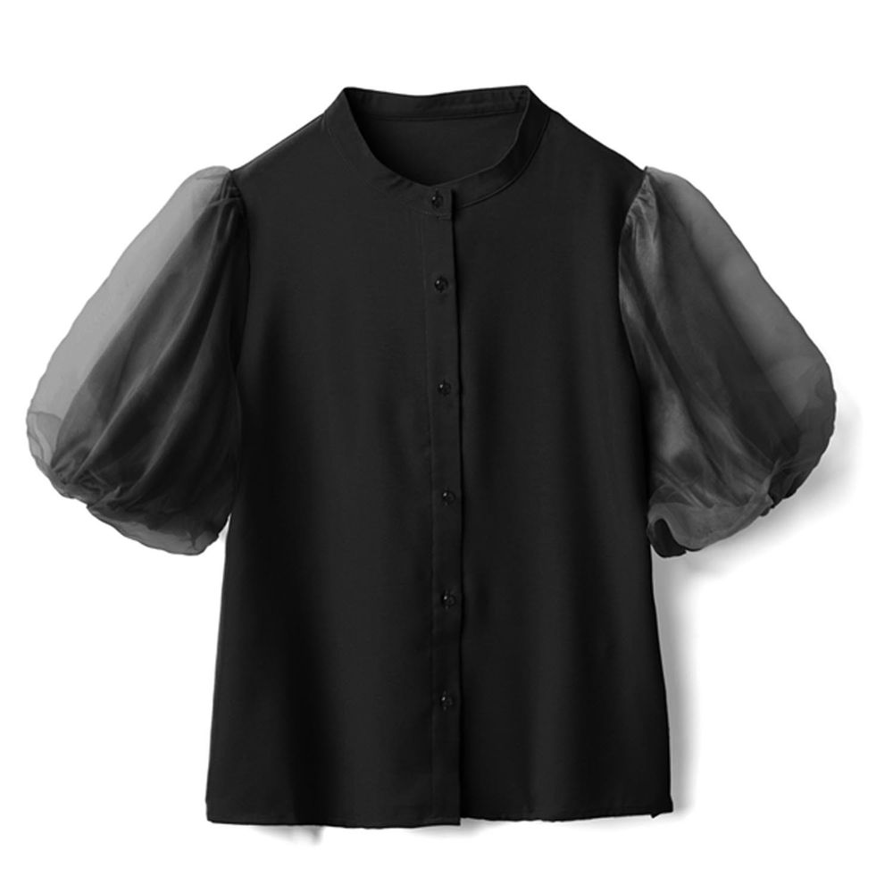 日本 GRL - 氣質薄紗拼接小立領排釦襯衫-氣質黑