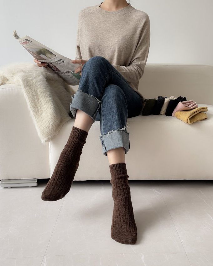 韓國Marian - 花紋素色羊毛保暖襪-芥茉黃 (Free)