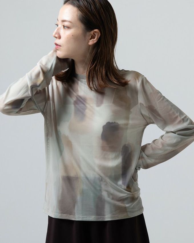 日本 gleam - 水彩畫風透膚休閒長袖上衣-深棕x藍系