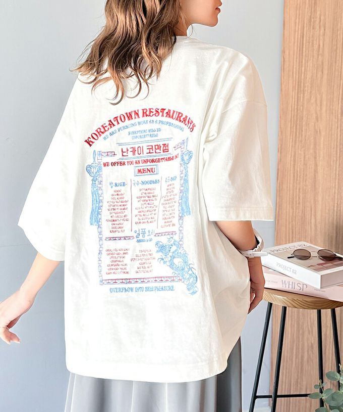 日本 Classical Elf - JAVA 混有機棉背印花寬鬆T恤-韓文菜單-海軍藍