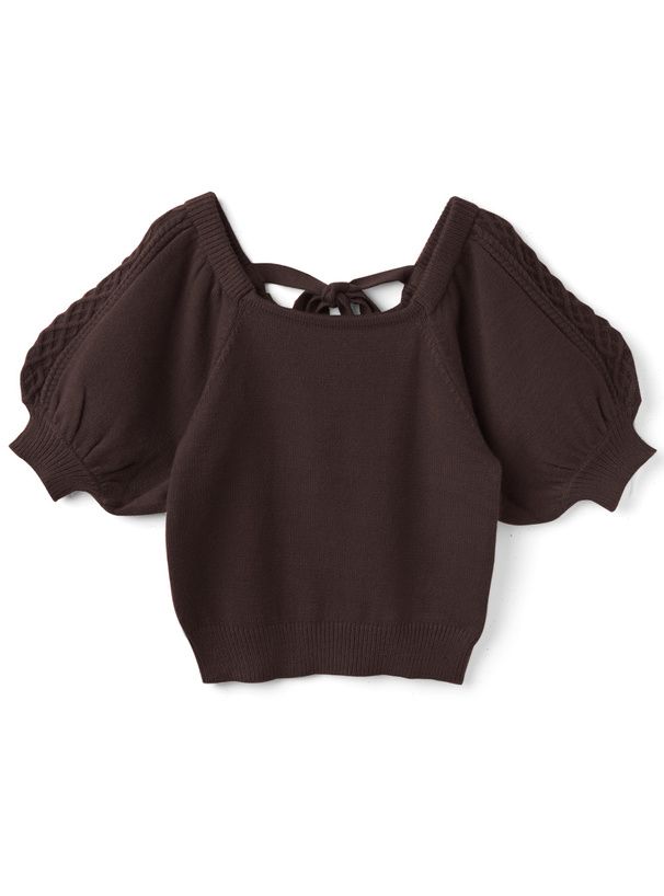 日本 GRL - 美背蝴蝶結麻花泡泡短袖針織上衣-氣質杏 (F)