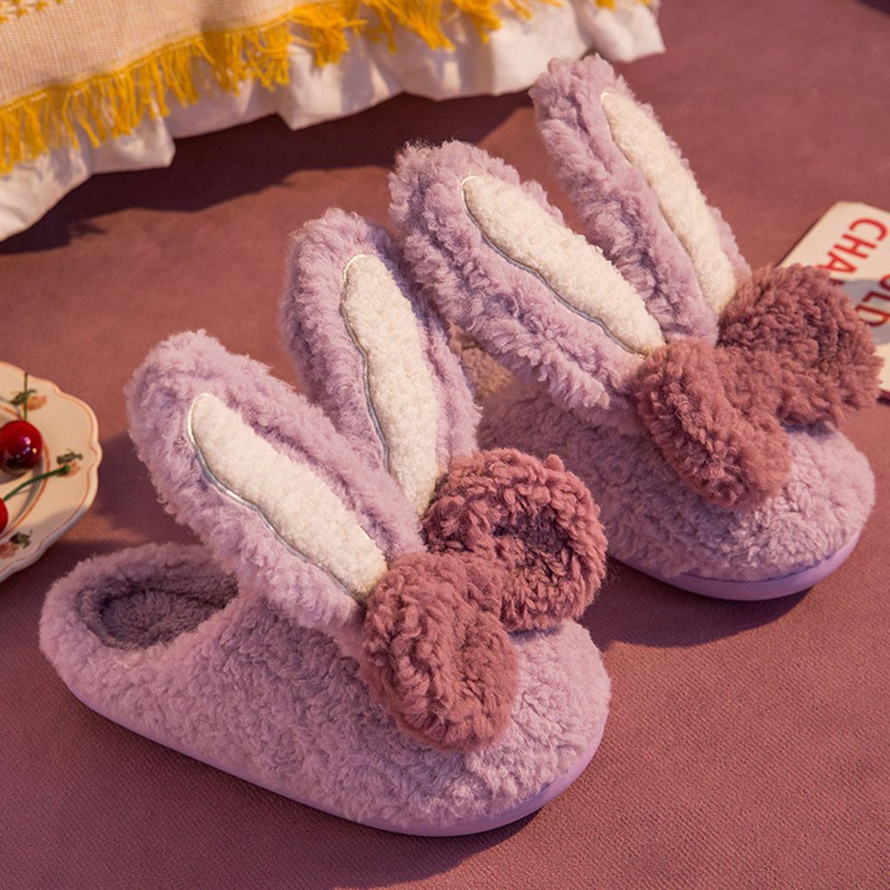 毛毛保暖室內拖鞋-蝴蝶結兔耳朵-紫色
