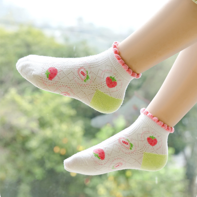 love, charlotte - 花邊可愛草莓粉色網眼短筒襪-5 雙一組