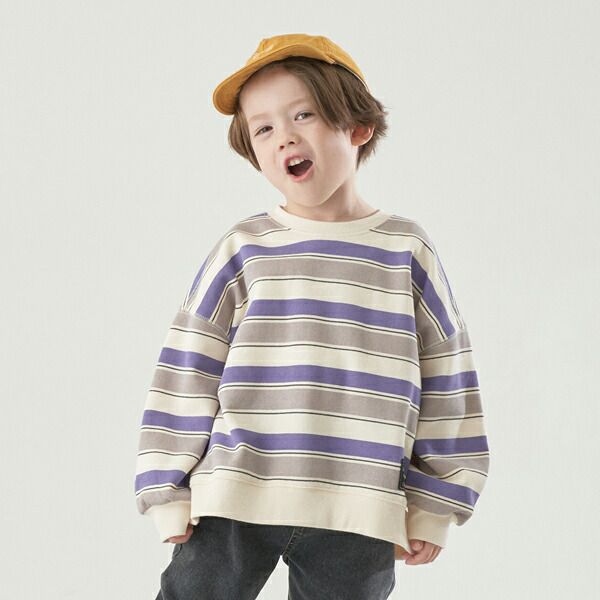 日本 b-ROOM - 裏起毛亮色系大落肩條紋上衣-黑灰系