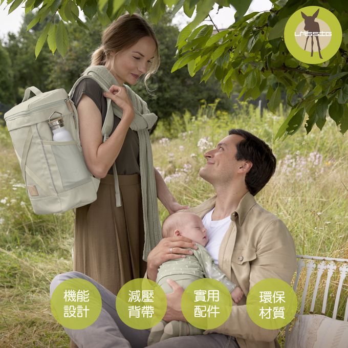 德國 Lassig - 森系純色交叉後背媽媽包-湖水青-含尿布墊+推車掛勾+保溫瓶收納包
