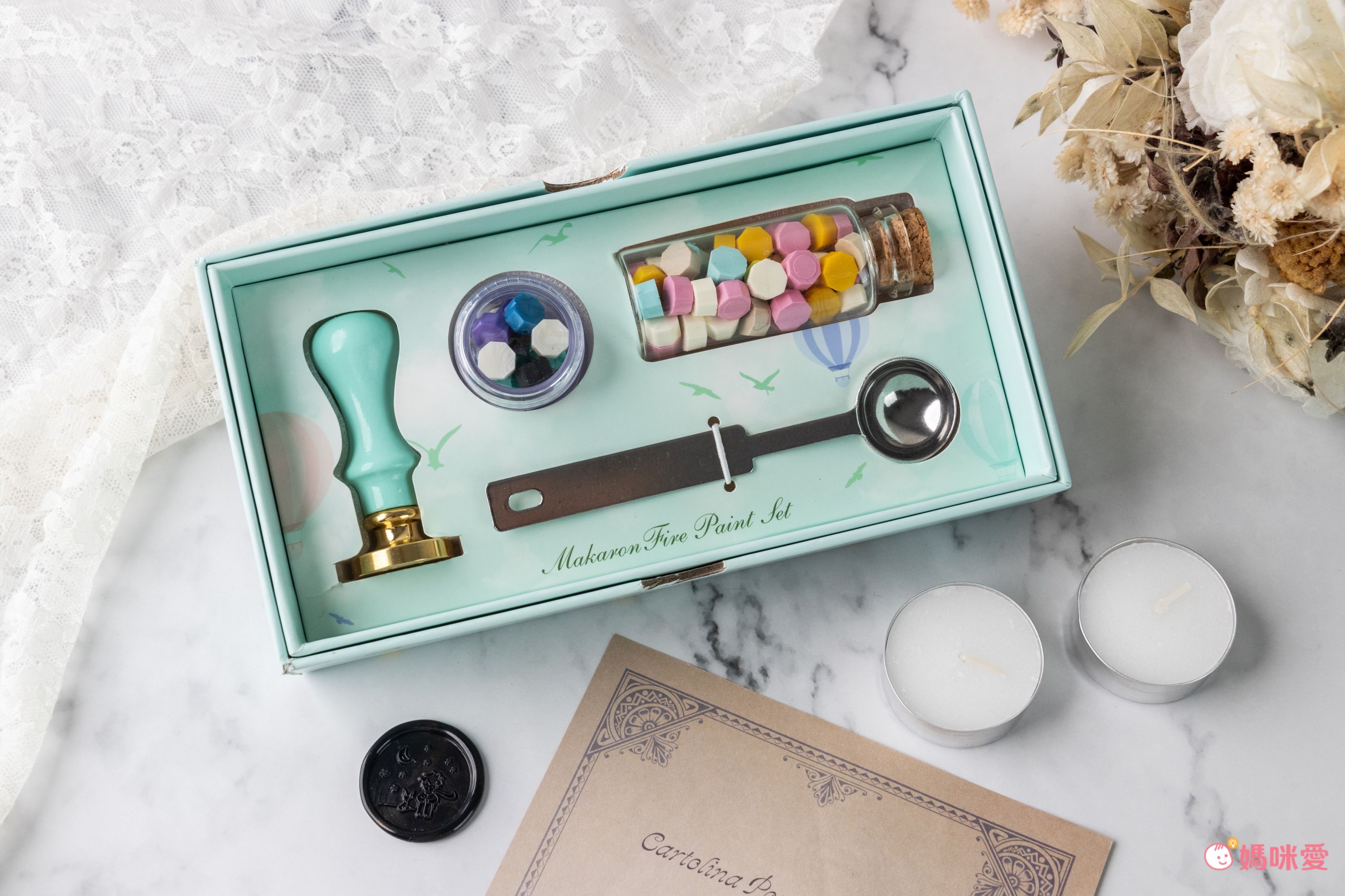 韓國 Sealhouse - 馬卡龍色迷你火漆章禮盒組-卡通美女與野獸-火漆章(含木柄)+罐粒X2+勺子+小蠟燭X2