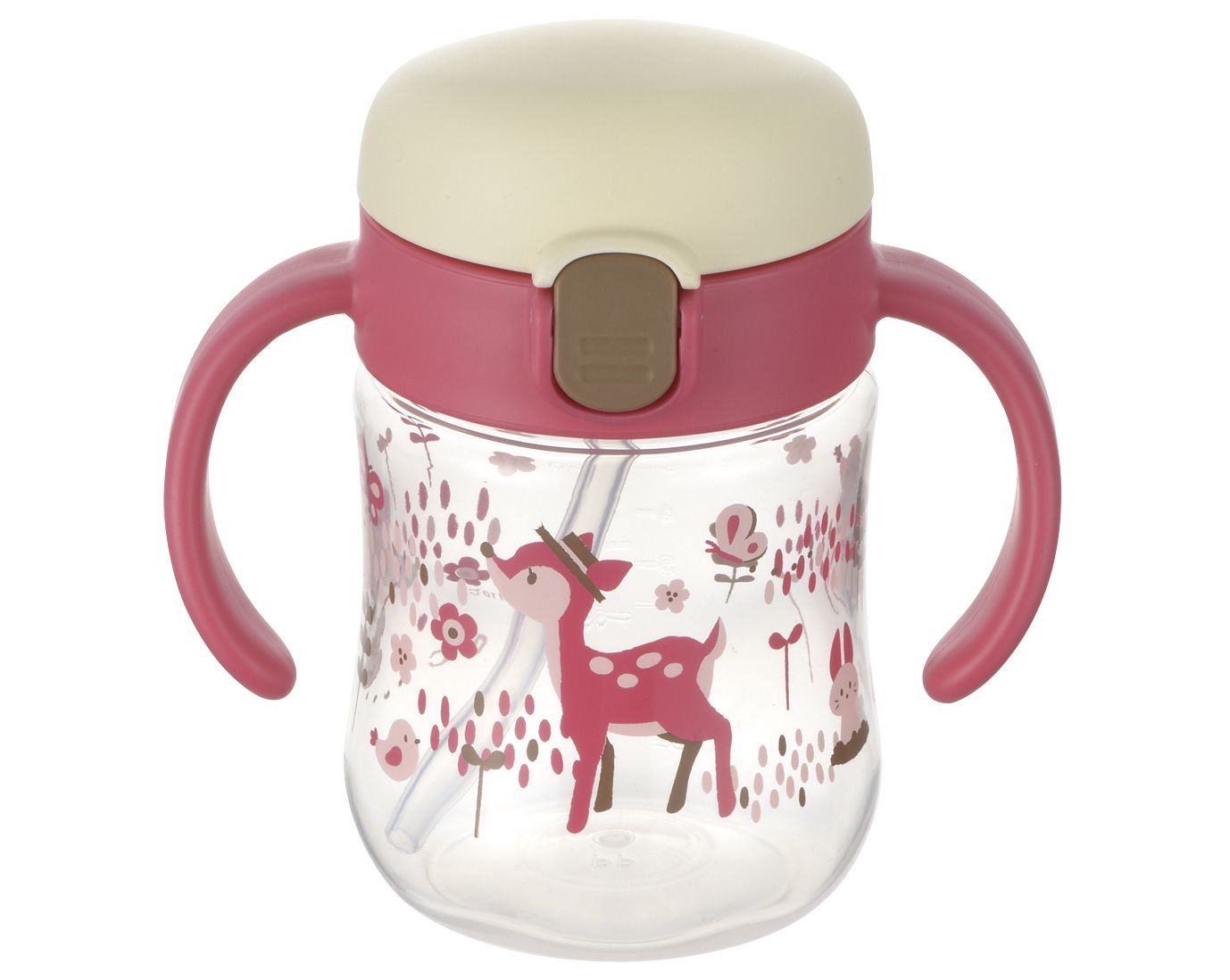 日本 Richell 利其爾 - 花間鹿鴨嘴吸管水杯-200ML-紅/粉-5個月適用