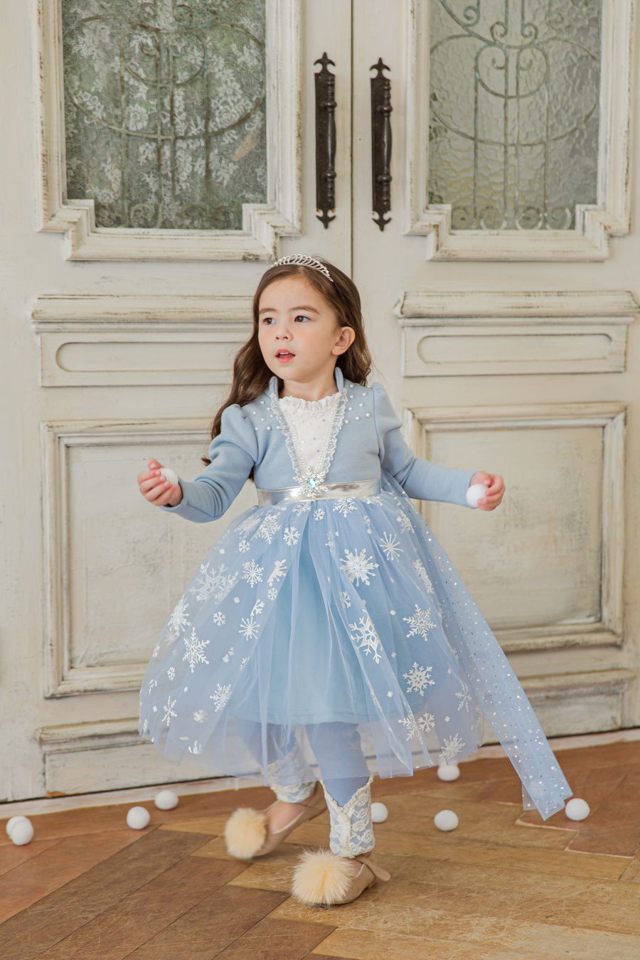 韓國 mari an u - (裏起毛)冰晶雪花女王洋裝(披風可拆)-閃耀藍