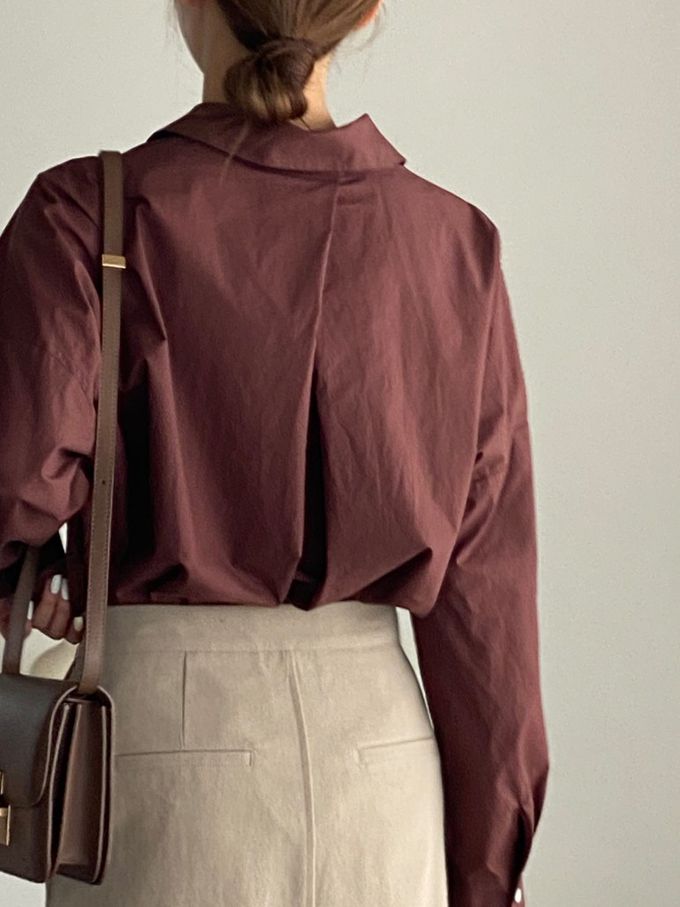 韓國女裝連線 - 知性背後抓褶翻領長袖襯衫-咖啡紅 (FREE)