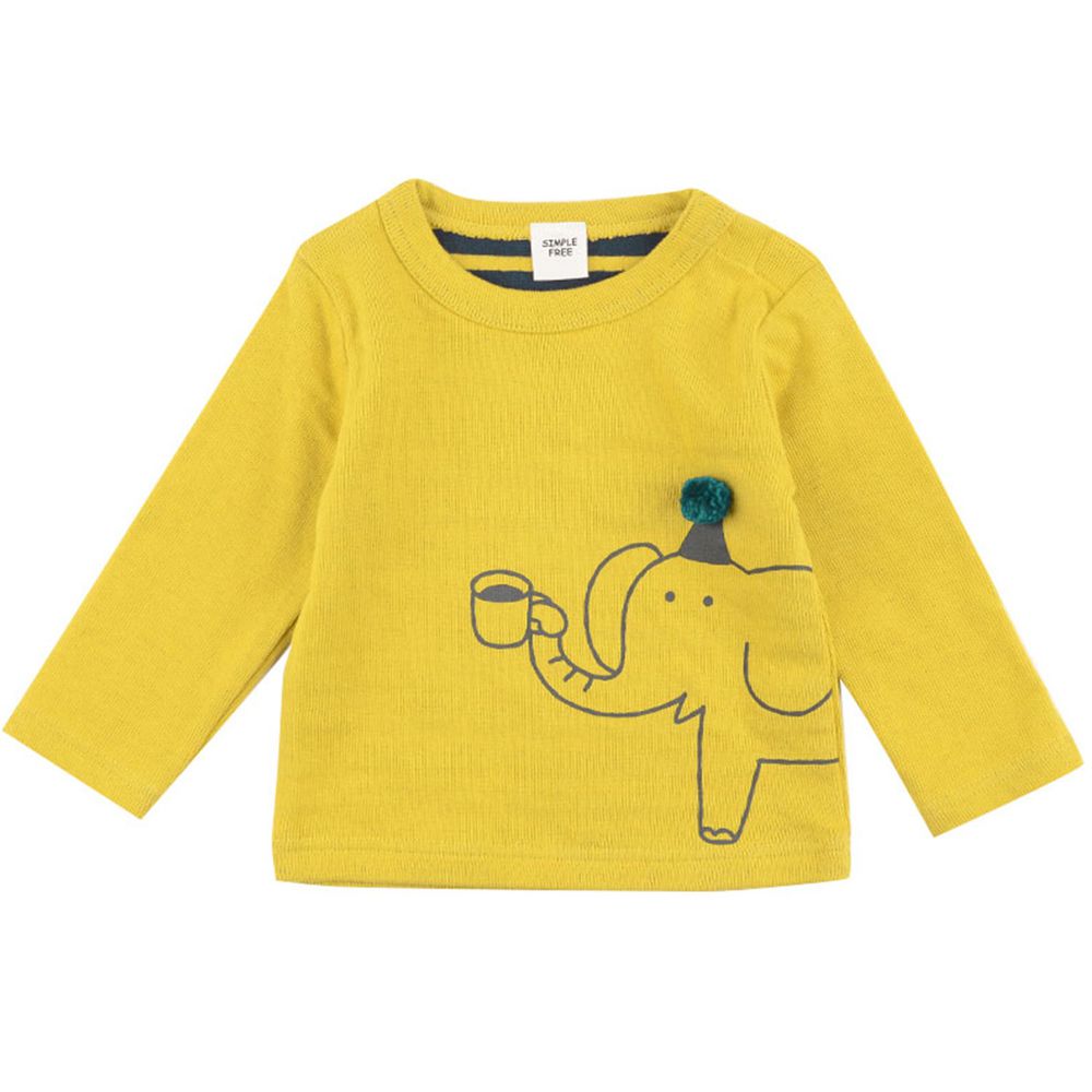 akachan honpo - 幼兒動物長袖T恤-大象-黃色