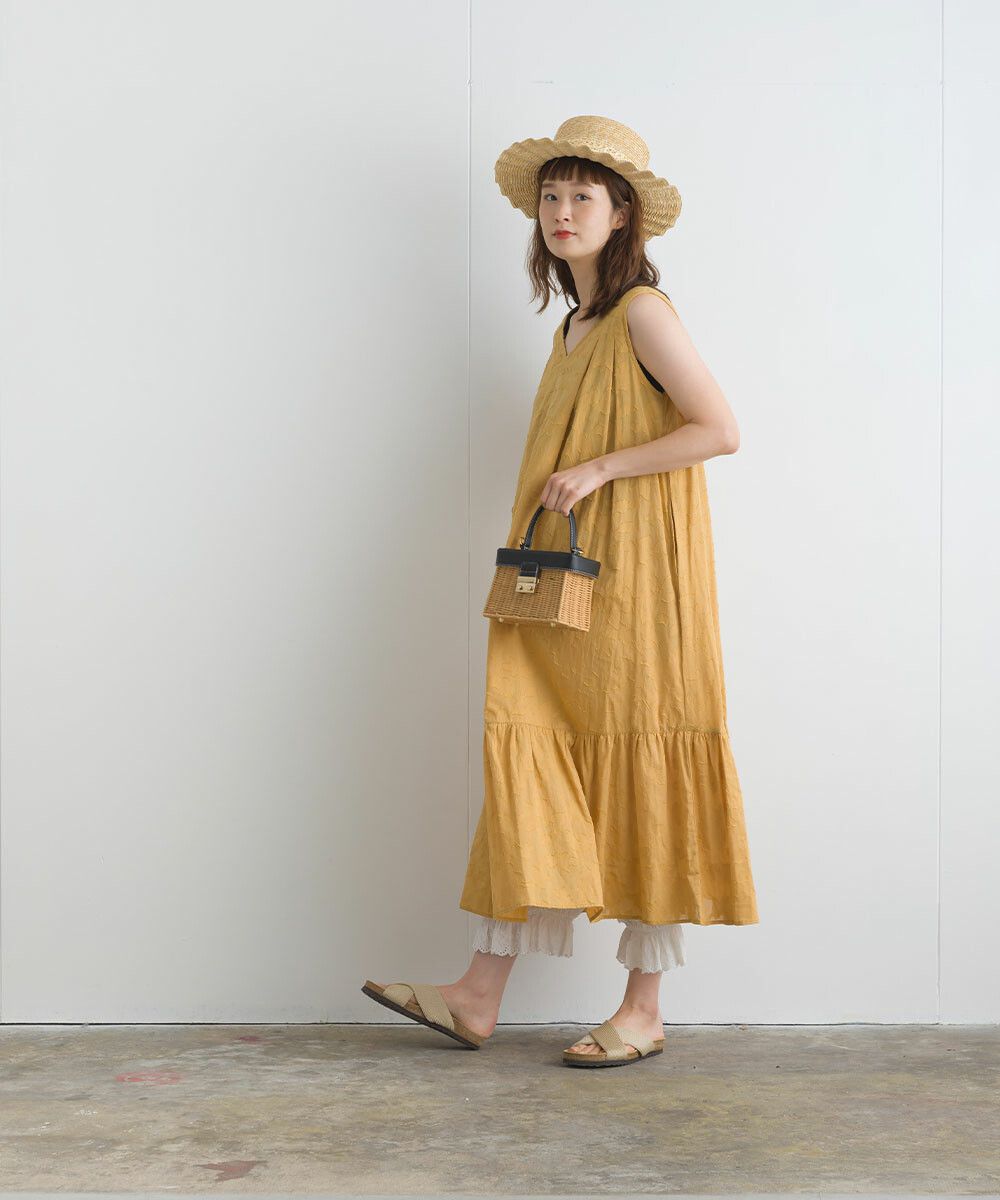 日本女裝代購 - 純棉緹花柔軟無袖洋裝-芥末黃