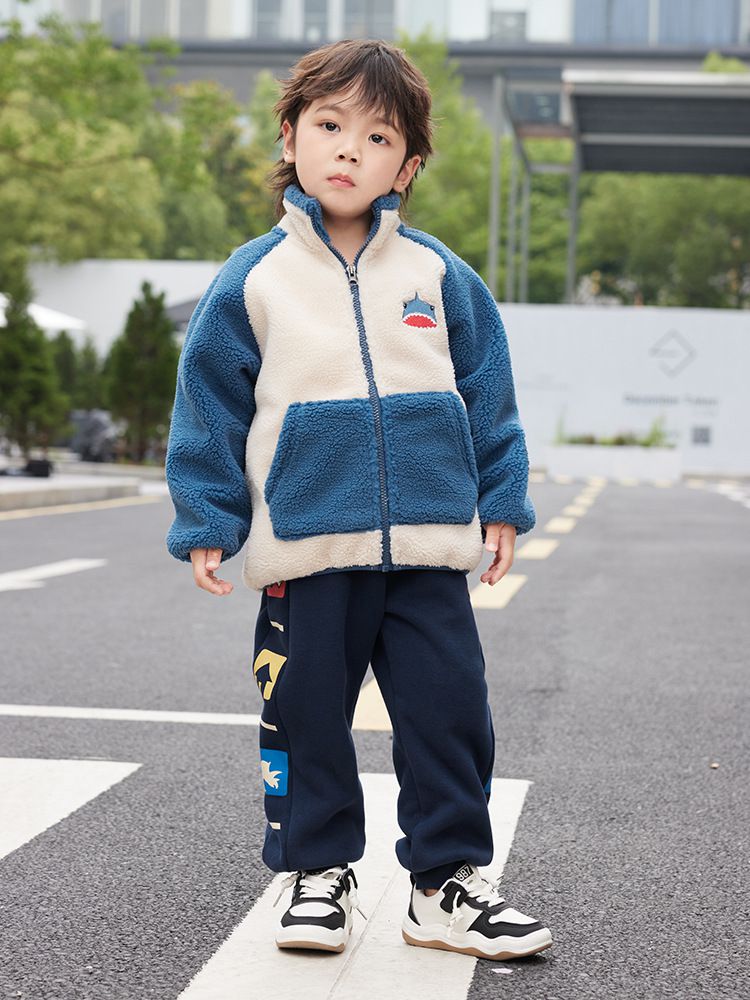 羊羔絨兒童保暖外套-鯊魚-咖啡色