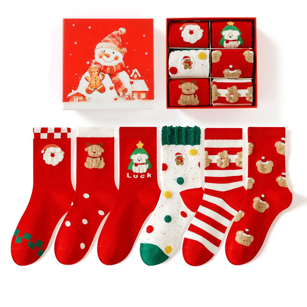 聖誕交換禮物小熊主題聖誕帽中筒棉襪 (均碼 (腳長20cm~25cm))-6 雙一組禮盒裝